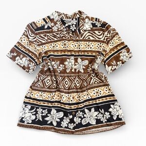 Alfred Dunner Brown Tribal Floral Button Front Short Sleeve Top Size 16